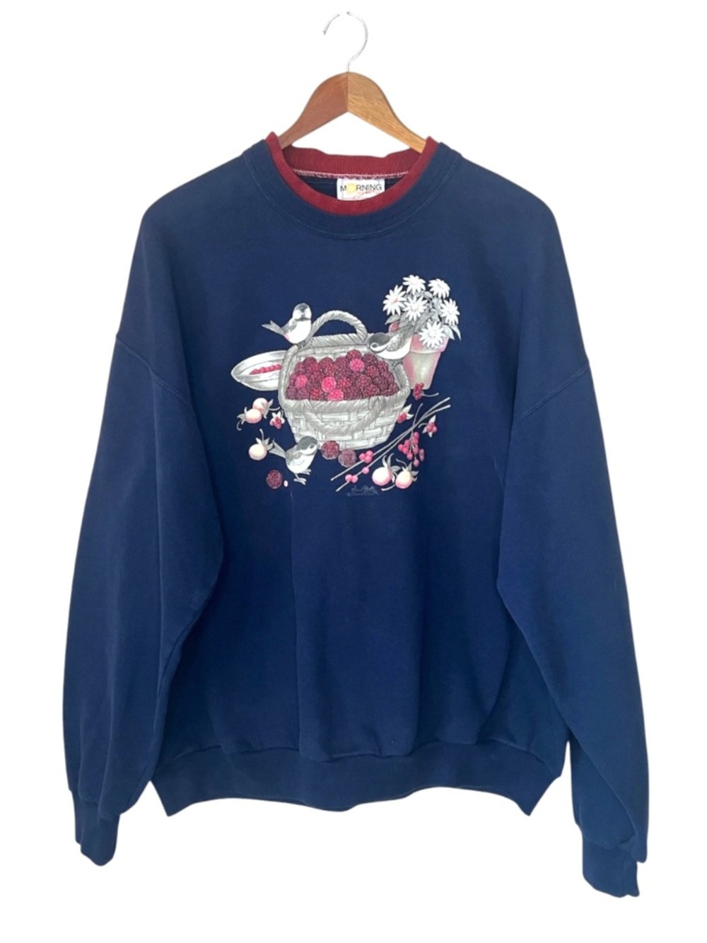 Vintage 90s Morning Sun Double Collar Birds & Textured Berries Navy Sweatshirt